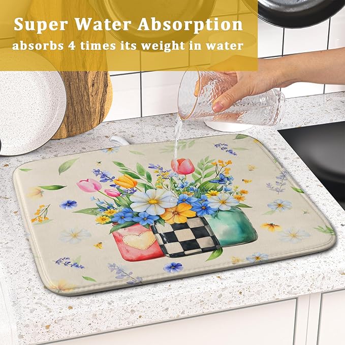 Giwawa Spring Flower Vases Dish Drying Mat for Countertop, 16"x18" Watercolor Floral Mason Jar Dish Drainer Mats, Wildflower Botanical Fast Dry Microfiber Small Dish Drying Pad Decoration