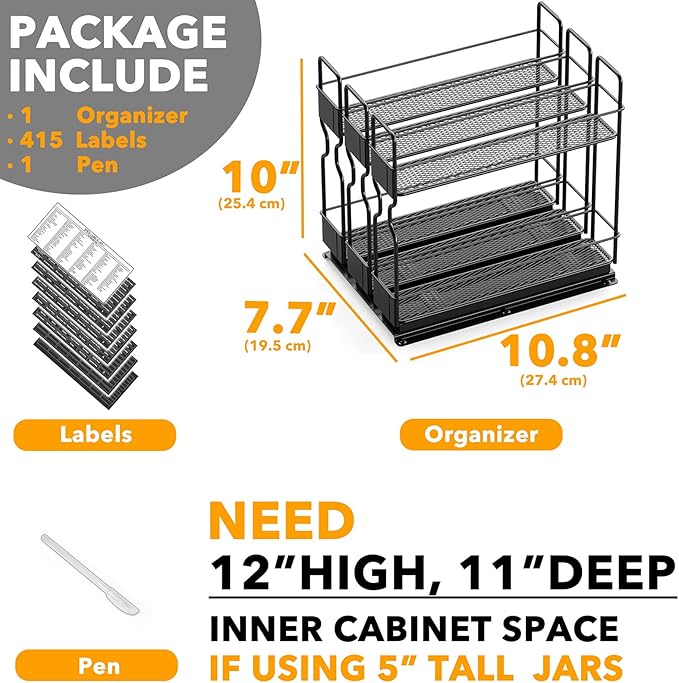SpaceAid Pull Out Spice Rack Organizer, Heavy Duty Slide Out Seasoning Kitchen Organizer, Cabinet Organizer, with Labels, 7.7" W x10.75 D x10 H, 3 Drawers 2-Tier - Image 6