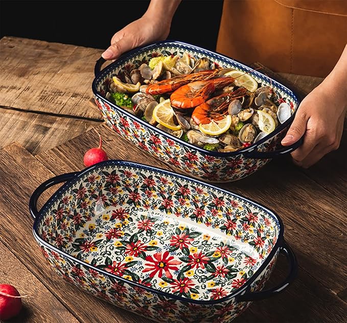 Red Daisy Flower Vintage Style Ceramic Bakeware Casserole Dish Baking Pan Lasagna Pans Baking Dish with Handles for Oven/Cooking/Kitchen-1 PCS, 60 OZ - Image 9