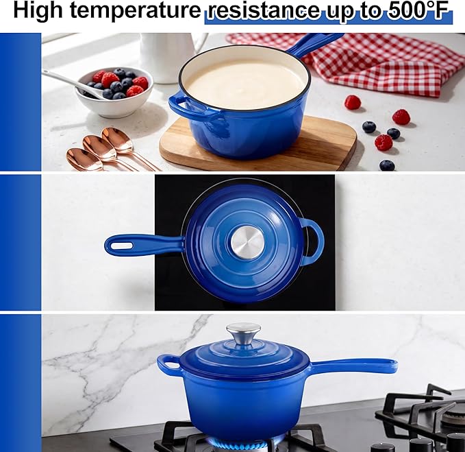 2 Pcs Enameled Sauce Pan with Lid, Leonyo 1 Qt & 2 Qt Cast Iron Saucepan Set, Small Dutch Oven Kitchen Pots for All Cooktops Cooking Pasta, Milk, Oatmeal - Up to 500°F, Dark Blue