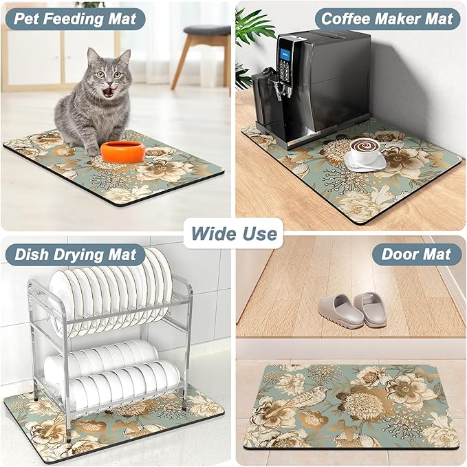 Rnivvi Coffee Mat, 12" x 19" Cute Coffee Bar Mats for Espresso Machine Station Accessories and Organizer, Hide Stain Rubber Backed Absorbent Dish Drying Pad for Kitchen Counter, Retro Flower - Image 7