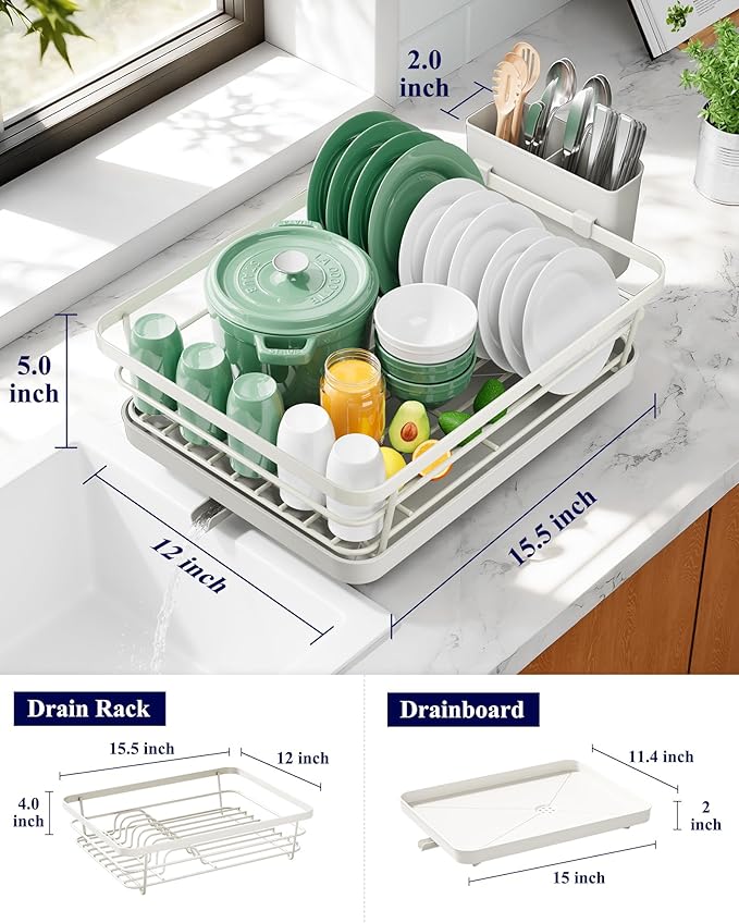 Kitsure Dish Drying Rack for Kitchen Counter, Stainless Steel Sink Organization and Storage Essentials with Cutlery Holder, Home and Appartment Decor, 12''W x 15.5''L, Light Grey - Image 2