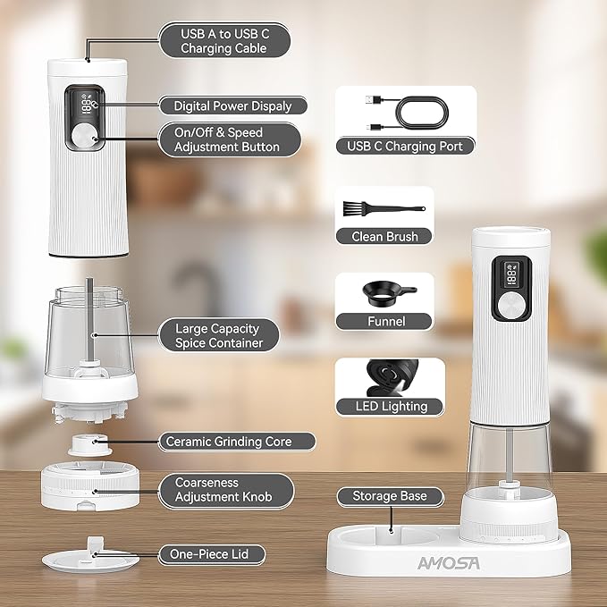 Electric Salt and Pepper Grinder Set, Upgrade 2-Speed Setting, External 5 Adjustable Coarseness, Rechargeable Automatic Salt & Pepper Shakers Mill with Battery Display, Storage Base & Led Light, White - Image 9