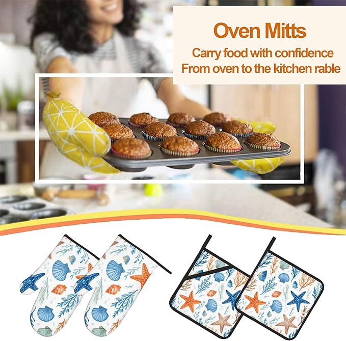 Starfish Shell Pattern Oven Gloves and Hot Pads Set - Heatproof Hand Protection for Baking, Grilling, Cooking 4Pcs
