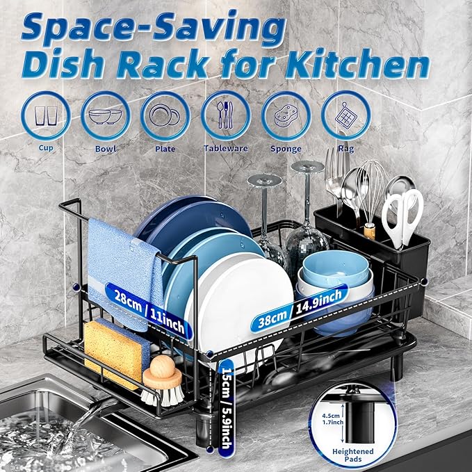 Dish Drying Rack, Stainless Steel-Dish Rack, Dish Racks for Kitchen Counter, Kitchen Dish Drainers with Removable Utensil Holder,New drain outlet,Plate Rack and Drainboard,(Black2 with Sponge Rack ) - Image 6
