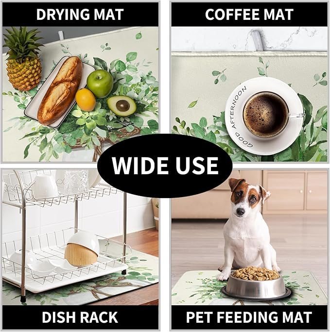 Spring Sage Green Leaves Dish Drying Mat for Kitchen Counter Eucalyptus Leaf Floral Mason Jar Dishes Drainer Mats Absorbent Microfiber Dish Draining Mat Reversible Dish Pad 16x18 Inch - Image 7