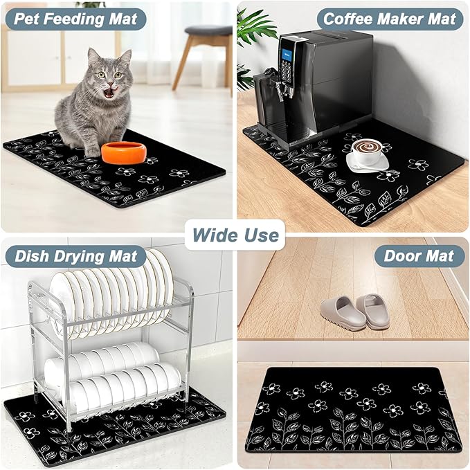 Rnivvi Coffee Mat, 12" x 19" Cute Coffee Bar Mats for Espresso Machine Station Accessories and Organizer, Hide Stain Rubber Backed Absorbent Dish Drying Pad for Kitchen Counter, Black White Flowers - Image 7