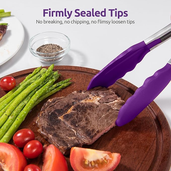 600ºF Heat Resistant Kitchen Tongs: U-Taste 9+12 inch Silicone Cooking Tong Set with Firm Sealed Non Stick Rubber Tips and Silicon Coated 18/8 Stainless Steel Handle for Serving Grilling Salad(Purple) - Image 9