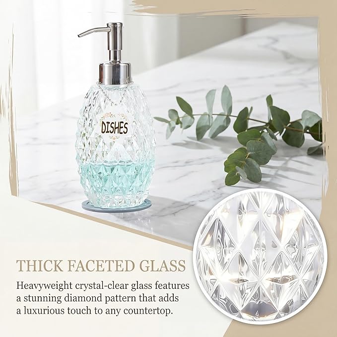 MALACHI Soap Dispenser Set, Crystal-Textured Diamond Glass with Rustproof Stainless Steel Pump, Dual-Labelled Hand & Dish Soap Dispenser for Kitchen & Bathroom