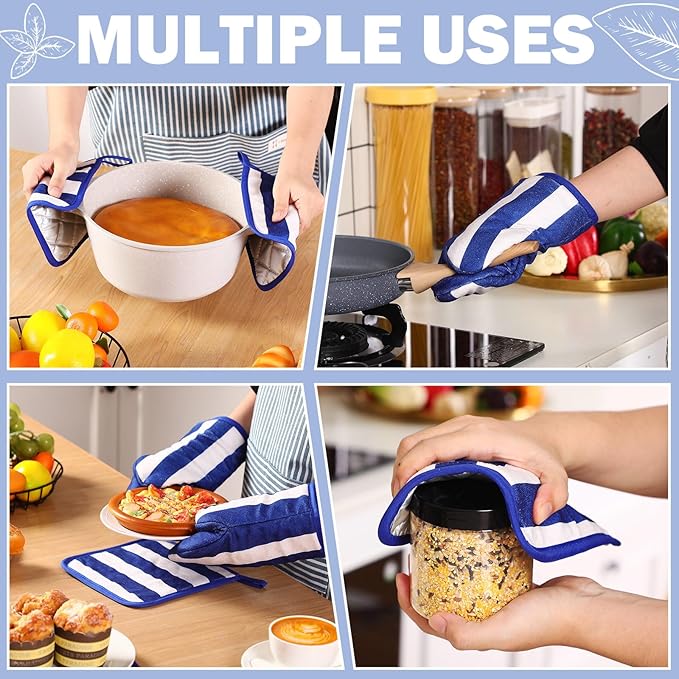 Reallnaive Oven Mitts and Pot Holders 4 Pcs Set for Kitchen, Stripe Cotton Oven Mitten Gloves Hot Pads Heat Resistant 500°f Outdoor Indoor Garden Baking Cooking BBQ Gift Hanging Loop, Beige (Blue) - Image 7