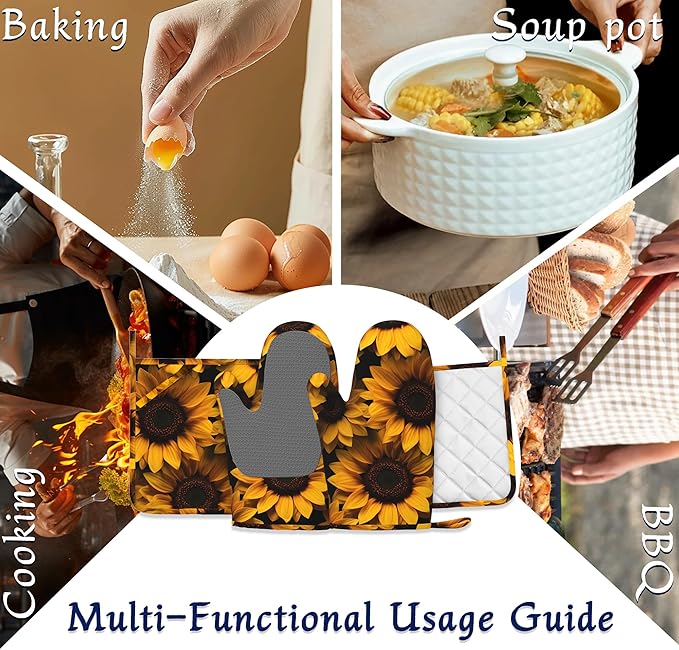 Spring Sunflowers Oven Mitts and Pot Holders Sets of 4 Yellow Flowers Heat Resistant Silicone Oven Mits Gloves Non-Slip Kitchen Mittens Potholders for Cooking Baking Grilling BBQ