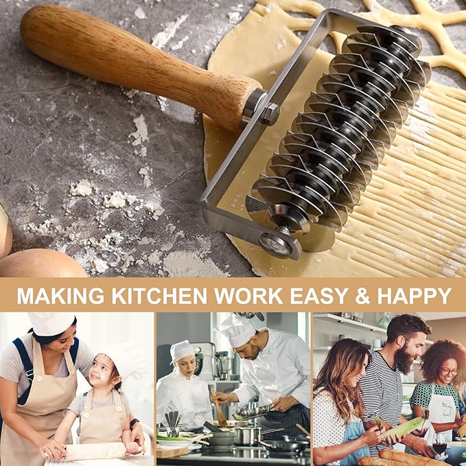 Pastry Lattice Roller Cutter, Stainless Steel Multi-Wheel Dough Cutter with Wooden Handle, Pie Crust Strip Cutters for Pastry, Pizza Dough, Bread & Beef Wellington