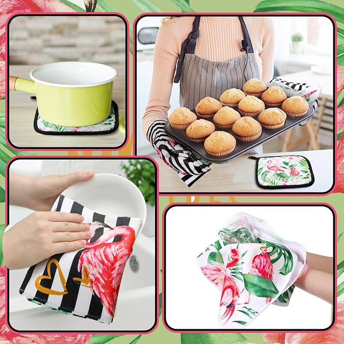Bencailor 6 Pcs Flamingo Kitchen Towels Oven Mitts and Pot Holders Set Decorative Dish Towels Tea Washcloth Non Slip Heat Resistant Oven Gloves for Summer Home Cooking Baking, Pink - Image 6
