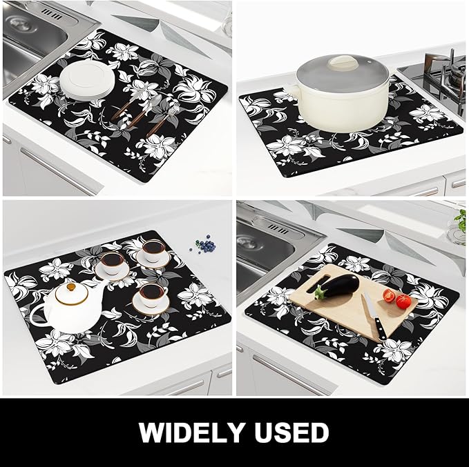 Rnivvi Dish Drying Mat for Kitchen Counter, 16 x 18" Cute Flower Theme Absorbent Heat Resistant Drying Pad with Non-slip Rubber, Coffee Bar Mats for Dish Rack Kitchen Accessories, Black White - Image 7