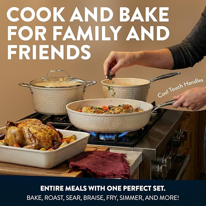 GOTHAM STEEL Hammered 20Pcs Ceramic Cookware Set Nonstick, Induction Pots and Pans Set Non Stick with Deep Fry Pan, Steamer, and Bakeware, Non Toxic PFOA PFOS Free, Oven & Dishwasher Safe