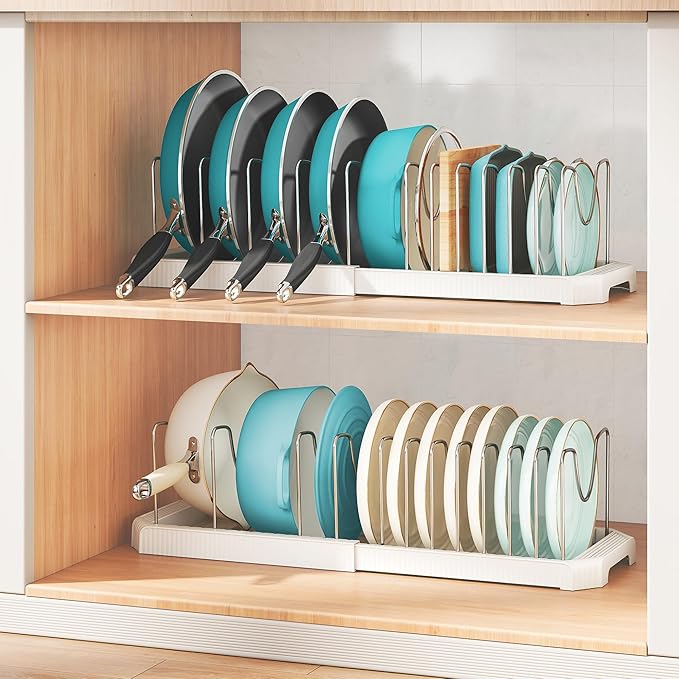 Pots and Pans Organizer for under Cabinet, Pan Pot Organizers inside Cabinet, Expandable Organizer with 12 Adjustable Dividers for Cookie Sheets, Cutting Boards, Pot Lids, Cookware - Frying Pan Rack - Image 9