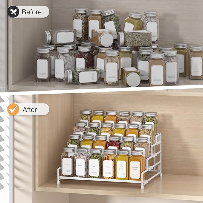 RUILALIFE 4-Tier-Spice-Rack-Organizer-for-Cabinet, Adjustable Depth Spice Holder Shelf For Countertop Pantry Cupboard, Metal Tiered Seasoning Organizer,Display Shelf Riser (White-2 Pack) - Image 7