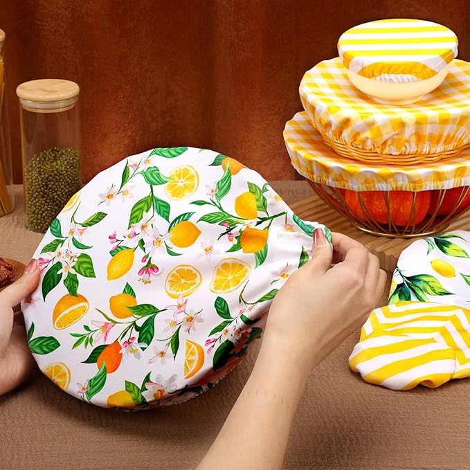 10 Pack Cloth Bowl Covers for Bread Rising - 5 Size Stretch Elastic Food Storage Container Lids - Reusable Cotton Fabric Covers for Food, Fruits, Leftovers (Lemon)