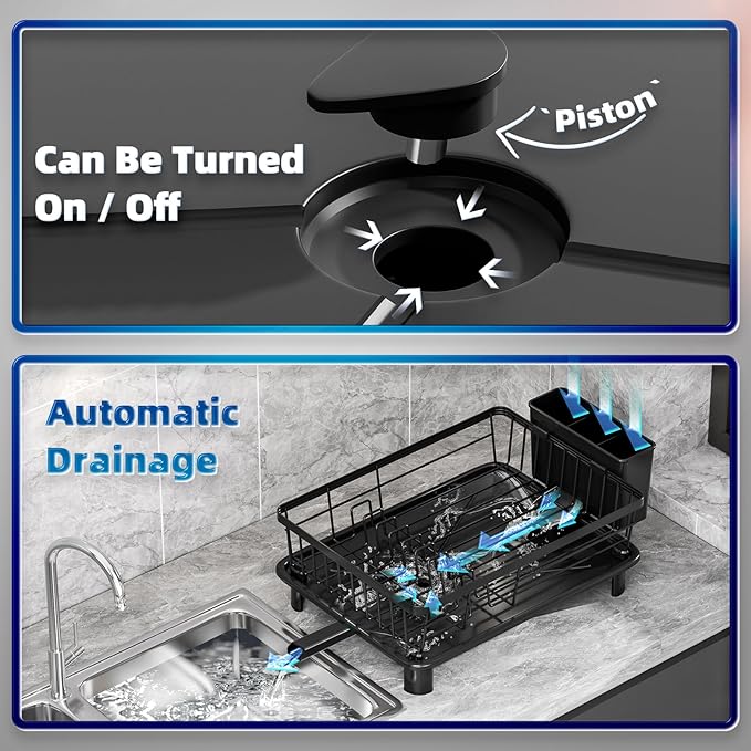 GAOKASE Dish Drying Rack, Stainless Steel-Dish Rack, Dish Racks for Kitchen Counter, Kitchen Dish Drainers with Removable Utensil Holder,New Drain Outlet,Plate Rack and Drainboard,Black - Image 9
