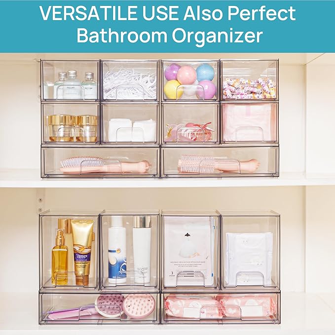 Vtopmart 7.6" H Clear Stackable Storage Drawers, 4 Pack Plastic Organizers Bins for Skincare, Cosmetics,Beauty Supplies,Ideal for Vanity, Bathroom,Kitchen Countertop,Cabinet Organization - Image 8