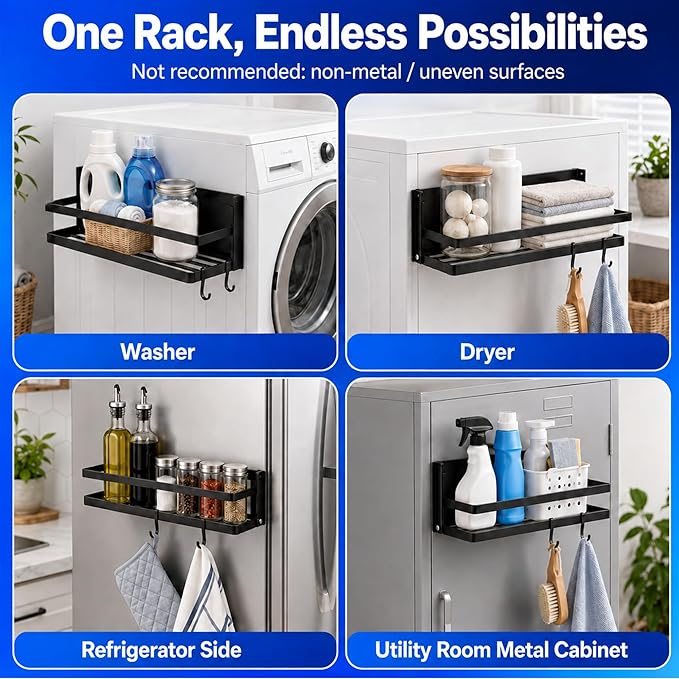 Magnetic Shelf for Washer Dryer, Foldable 2 Tier Metal Organizer Rack with Hooks, No Drill Laundry Room Side Storage, Magnetic Fridge Shelf for Refrigerator, Cabinet, Locker, RV