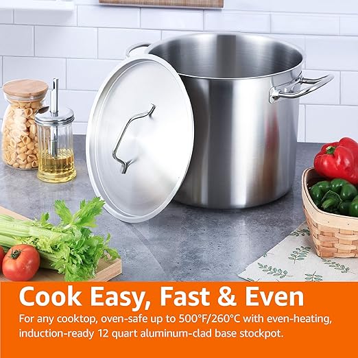 Amazon Basics 12 Quarts Stainless Steel Aluminum-Clad Stock Pot with Cover, Induction Compatible, Dishwasher Safe, Oven Safe, Even Heating, Soup and Pasta Pot - Image 7