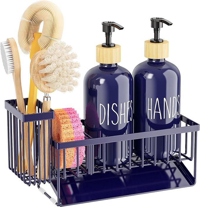 Cisily Navy Blue Kitchen Dish Soap Dispenser, 16 fl Oz Dual Kitchen Soap Dispensers with Sponge Holder, Customized Stainless Steel Kitchen Soap Dispenser Set, Modern Hand and Dish Soap Bottle Set - Image 9
