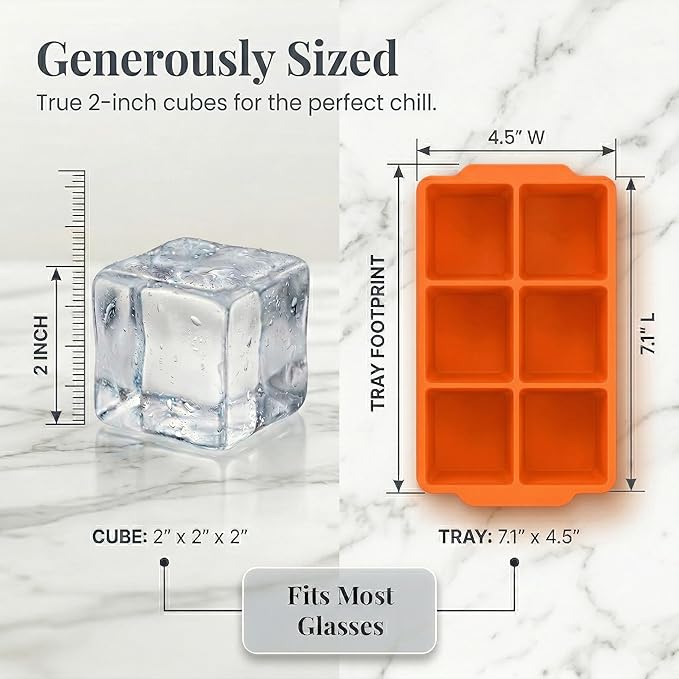 KitchFort Large Silicone Ice Cube Tray (2-Pack), Easy Release 2" Big Ice Cubes - Cocktail, Whiskey Ice Cubes Mold - Ice Trays for Freezer with Lid - Stackable Silicone Ice Tray - Orange - Image 8
