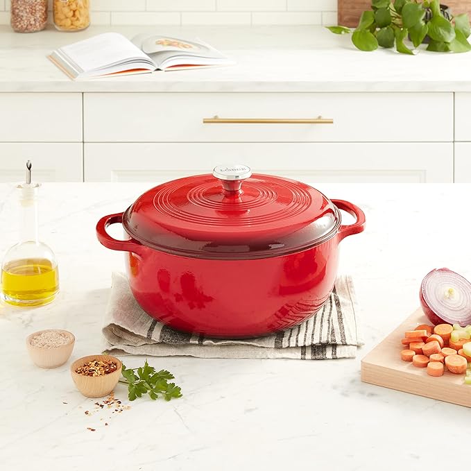 Lodge Essential Enamel Cast Iron Dutch Oven with Lid - Oven-Safe Enamel Cookware up to 500° F - Heat-Retaining Braising & Roasting Pot - Non-Toxic Cookware - 7.5 Quart, Island Spice Red - Image 7