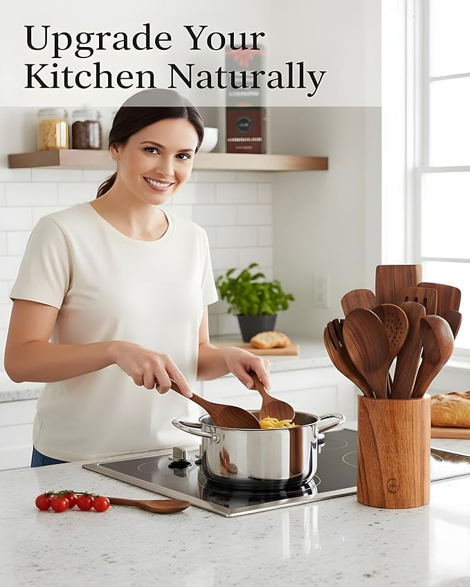 12-Piece Natural Teak Wood Utensil Set with Holder & Rest - Nonstick Cooking Spoons, Spurtles, Heat Resistant Tools - Image 8