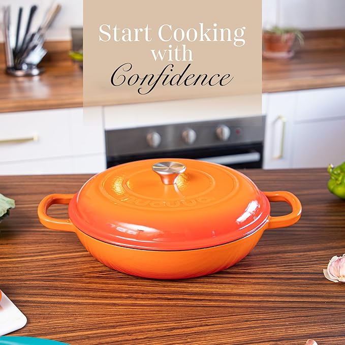 Shallow Cast Iron Casserole with Lid – Non Stick Dutch Oven Pot, Oven Safe up to 500° F – Sturdy Ovenproof Stockpot Cookware – Enamelled Cooking Pot – Orange, 3.7-Quart, 30cm – by Nuovva