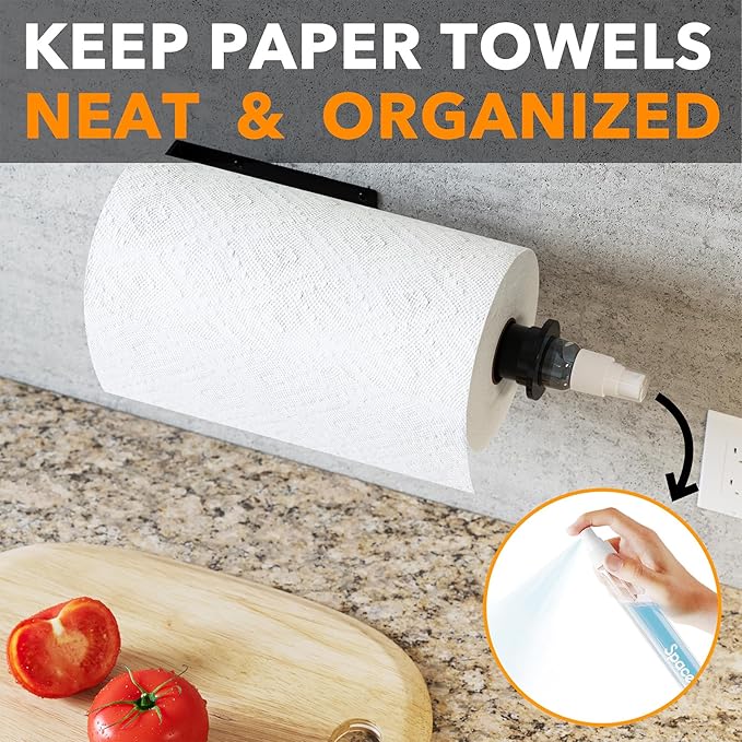 SpaceAid SprayNeat Paper Towel Holder with Spray Bottle, Under Cabinet Paper Towels Holders with Sprayer Inside Center, Hanging Wall Mount Papertowels Roller for Kitchen and Bathroom (Black)