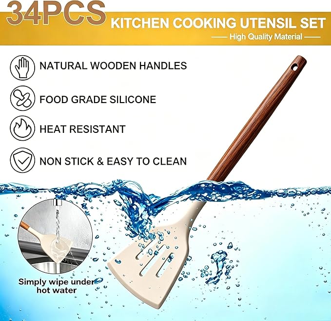 Thickened Silicone Cooking Utensils Set with Natural Wooden Handle- Umite Chef Khaki Kitchen Utensils Set, 34PCS Heat Resistant Kitchen Gadgets Tools Set, Kitchen Spatula Set for Nonstick Cookware - Image 6