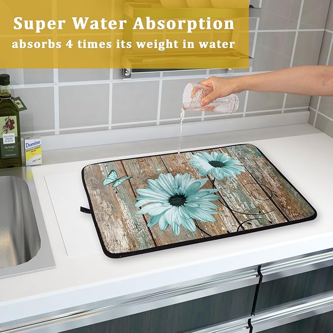 Giwawa Rustic Daisy Dish Drying Mat for Kitchen Countertop 18x24 inch Teal Sunflowers on Wooden Board Dish Drainer Mats Fast Drying Country Vintage Shabby Chic Flower Dish Drying Pad Decor Large
