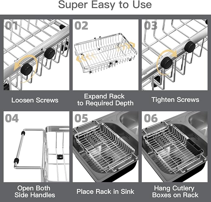 MAJALiS Dish Drying Rack Over The Sink, Expandable Stainless Steel Dish Drainer for Small Kitchen Counter Space Saving, RV Compact Plate Strainer In Silver Metal with Hanging Adjustable Utensil Holder - Image 10