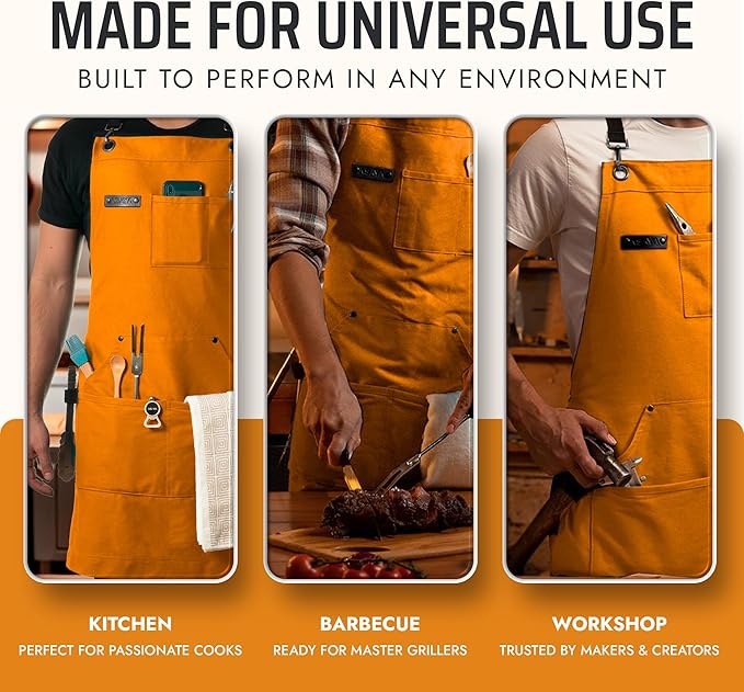 Asaya Chef and BBQ Apron with Bottle Opener and Hand Towel - 10oz Cotton Canvas, Stainless Steel Hardware - Cross Back Straps - Image 7