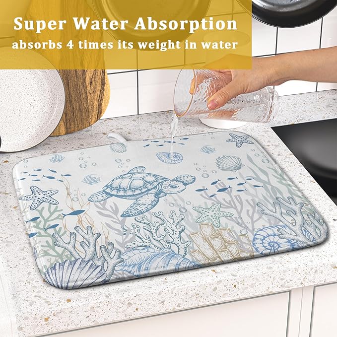 Giwawa Ocean Turtle Dish Drying Mat, Coastal Sea Tortoise Decorative Dish Drainer Mats, Summer Nautical Beach Themed Reversible Dish Drying Rack Pad Protector for Kitchen Countertop, 16"x18"
