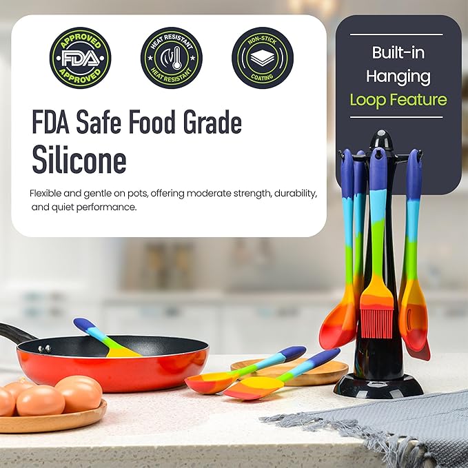 9-Piece Rainbow Silicone Spatula Set with Tongs β Multicolor Heat-Resistant Cooking Utensils for Nonstick Cookware β Flexible Turner, Spoon, Spatula, Brush, FDA Safe