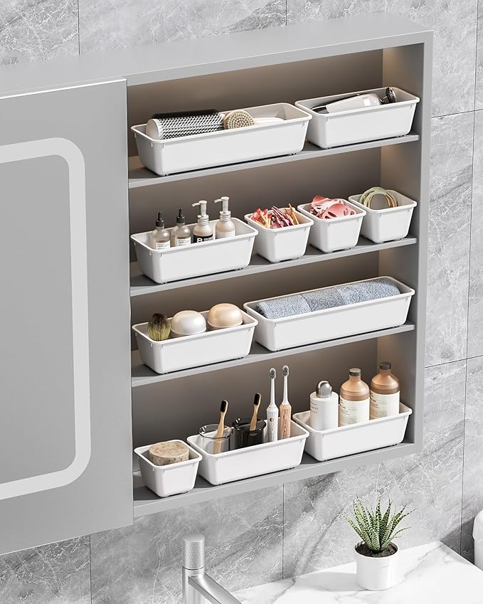 Canfanni 13 Pack Plastic Drawer Organizers Set, 3 Sizes Desk Drawer Organizer Trays for Vanity and Makeup Organizer, Organization and Storage for Makeup, Kitchen Utensils, Bathroom and Office(White) - Image 7