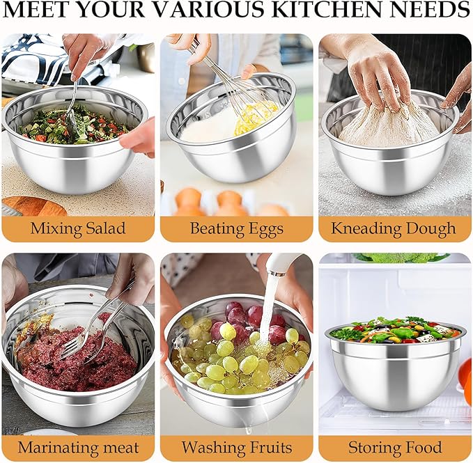 TeamFar Mixing Bowls, Stainless Steel Nesting Salad Bowls with Lids Set of 3 & 3 Grater Attachments, For Mixing/Serving/Storing, Non-toxic & Long-lasting, Size 4.6/3 / 1.5 QT, Khaki - Image 7