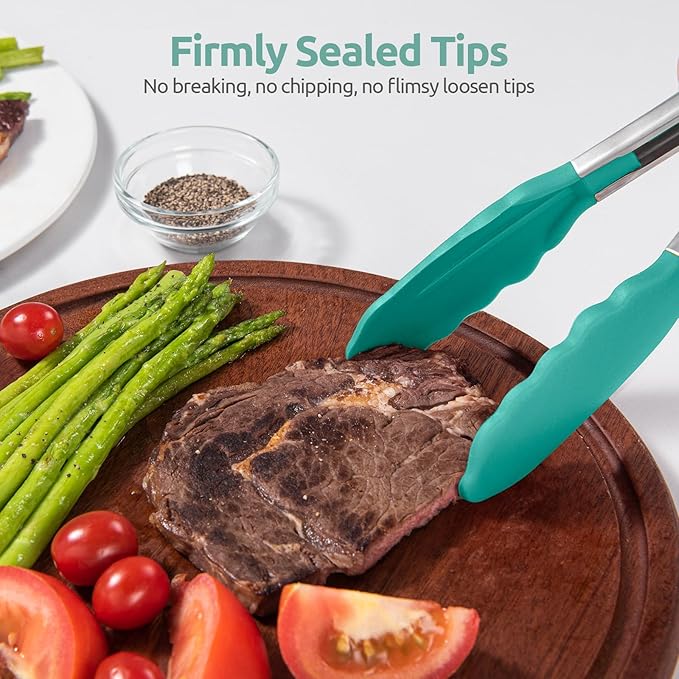 600ºF Heat Resistant Kitchen Tong: U-Taste 7in Silicone Cooking Tong with Firm Sealed Non Stick Rubber Tips & Silicon Coated 18/8 Stainless Steel Handle & Smooth Locking for Serving Salad (Aqua Sky) - Image 9