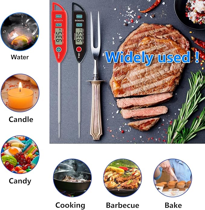 BOMATA 2 Pack Waterproof IPX7 Meat Thermometer Instant Read Food Thermometer with Long Probe for Water, Liquid, Kitchen Cooking, Grill,BBQ ! T101 X 2 Pcs (Black & Red)… - Image 7