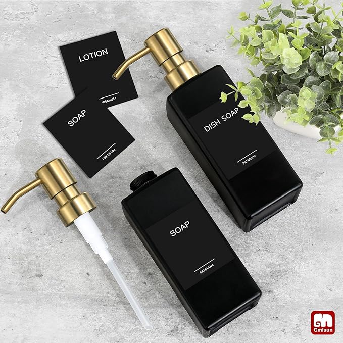 GMISUN Gold Soap Dispenser, Black Soap Dispenser Bathroom with Stainless Steel Pump, Hand and Dish Soap Dispensers Set for Kitchen, 12 fl oz/350ml Glass Liquid Refillable Lotion Dispenser Bottle - Image 7