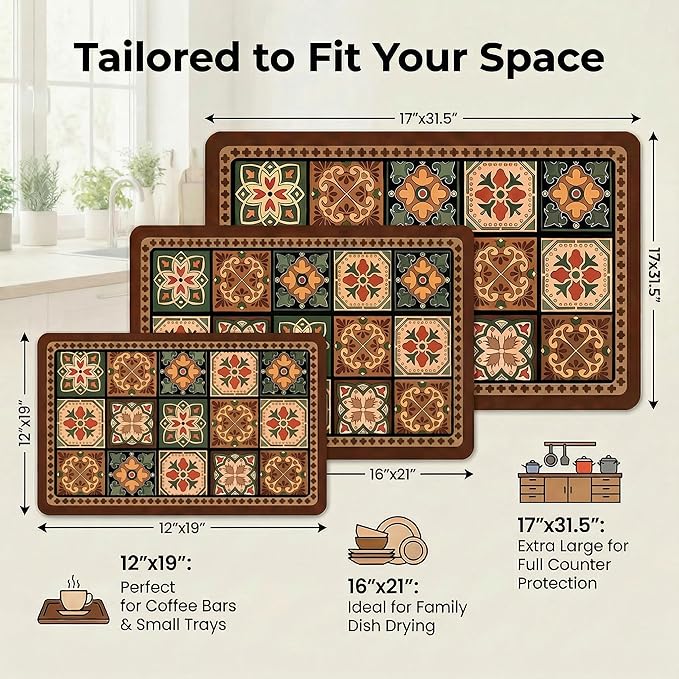 Boho Dish Drying Mat for Kitchen Counter - Super Absorbent Faux Leather Kitchen Mat, Quick Dry & Non-Slip Countertop Protector, Aesthetic Bohemian Decor for Coffee Bar (17"x31.5", Boho)
