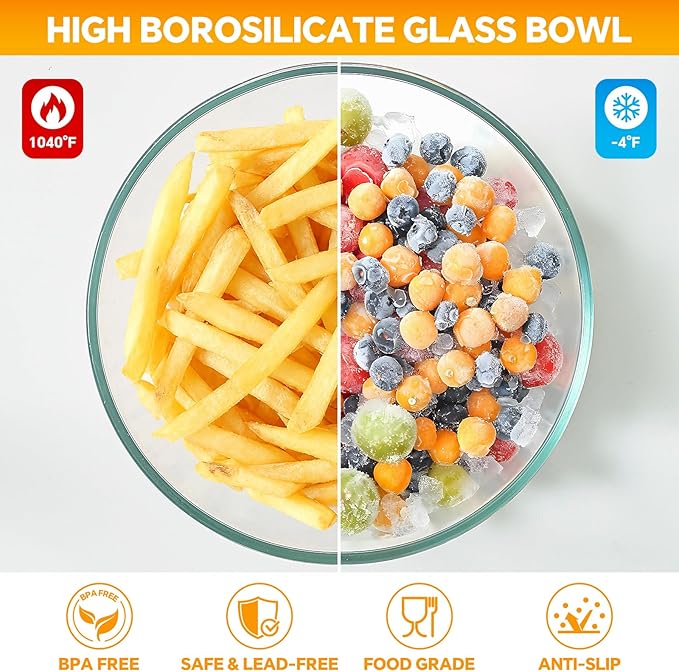 Glass Mixing Bowls with Lids Set of 5(4.78QT,2.2QT,1.7QT,1.1QT,0.85QT),Thick Glass Nesting Bowls for Kitchen Baking,Cooking Prep,Storage,Serving,Large Salad Bowls,Dishwasher Microwave Freezer Safe - Image 7
