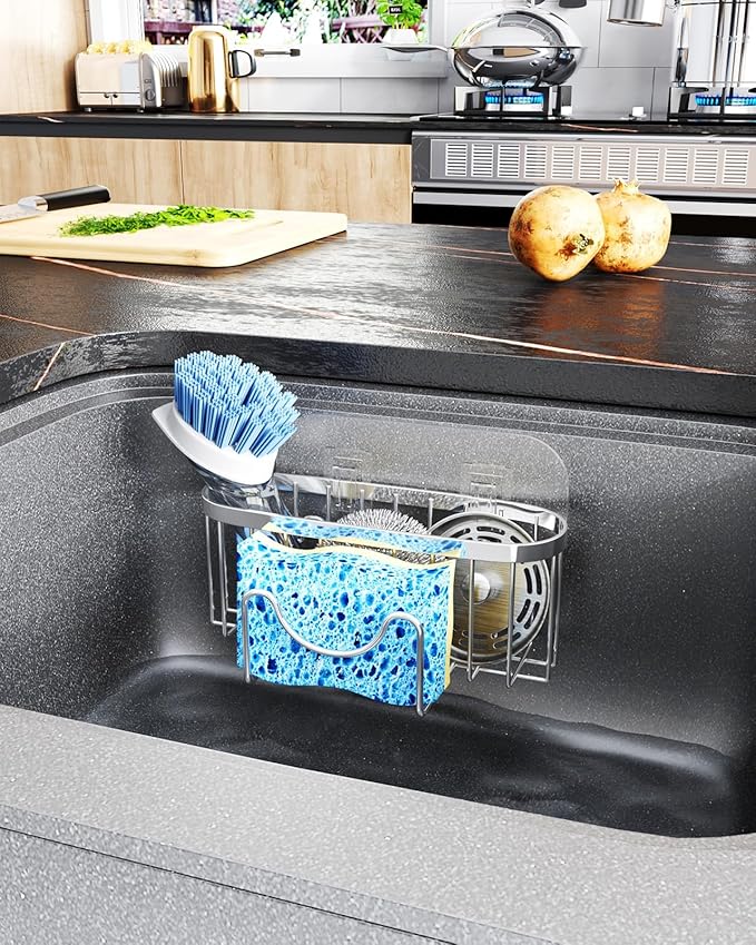 HapiRm Kitchen Sponge Holder for Sink - 2 Installation Methods Kitchen Sink Caddy Organizer with Unique M-Shaped, Rustproof Stainless Steel Sponge Caddy - Silver (Large) - Image 7