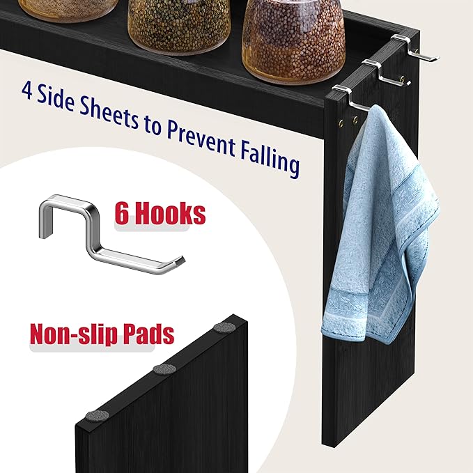 IIIOIIIA Bamboo Over the Stove Spice Shelf for Kitchen, 31.5" Spice Rack Organizer Shelf with 6 hooks, 11.4" Height Extra Storage Countertop, Easy to Assemble, Black - Image 7