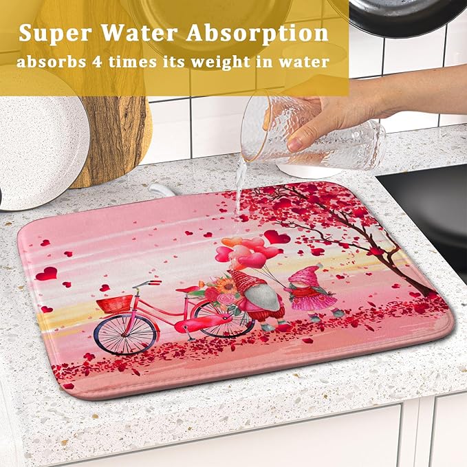 Pink Heart Valentine's Day Gnomes Dish Drying Mat for Kitchen Counter,Pink Bicycle Love Tree Drying Mat 16 x 18 Inch with Absorbent Reversible Microfiber Dish Drying Pad Dish Rack Pad for Coffee Bar - Image 7