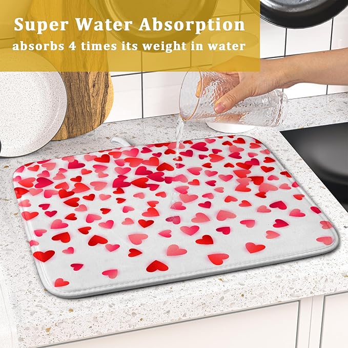 Valentines Dish Drying Mat for Kitchen Counter Hearts Holiday Microfiber Absorbent Dish Draining Reusable Washable Foldable 16"x18" - Image 7