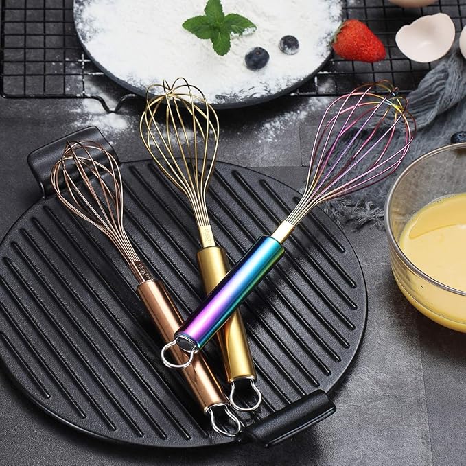 Berglander Colorful Whisks Set - Stainless Steel 8" Gold, 10" Rose Gold, 12" Rainbow Wire Whisks for Cooking - Image 8
